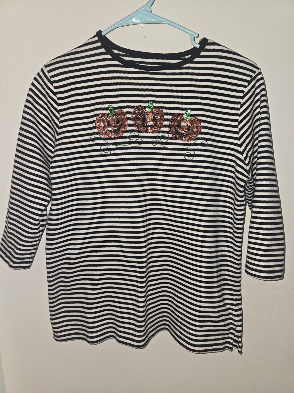 Coral Bay Black & White Striped Long-Sleeve Top with Sequin Pumpkins